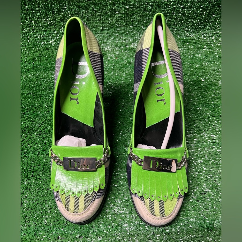 Dior Green Plaid Fringe Heels